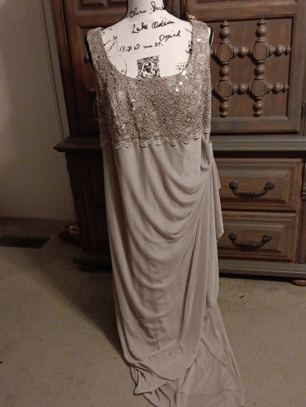 Evening Beaded Embellished Taupe Maxi Dress